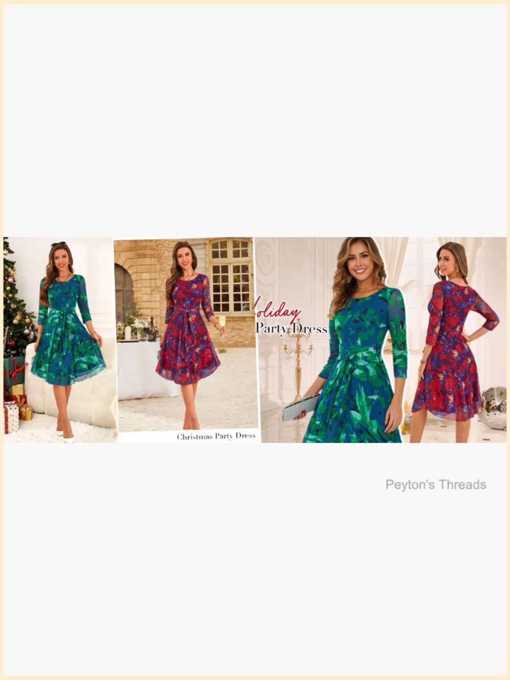 3/4 Sleeve Floral Mesh Midi Dress with Belt Cocktail Wedding Guest - Picture 6 of 6
